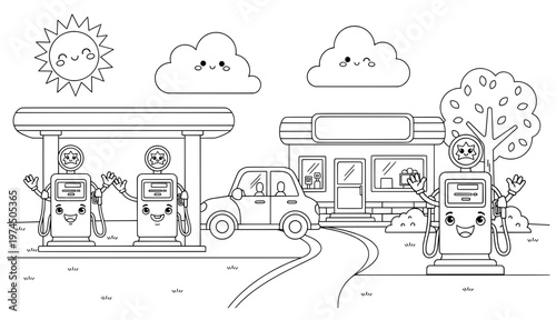 Playful cartoon illustration of a cheerful gas station with smiling fuel pumps, a friendly car, and a sunny sky, creating a vibrant and inviting atmosphere for children
