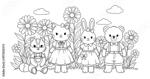 Cute animal characters including a cat, rabbit, bear, and fox, dressed in colorful outfits, standing in a vibrant flower garden with clouds in a cheerful illustration