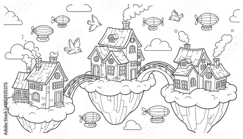 Whimsical illustration of floating houses on clouds, connected by bridges, with airships and birds soaring in a dreamy sky, showcasing a fantastical landscape
