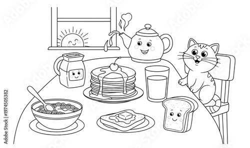 Cute illustration of a breakfast scene featuring pancakes, cereal, juice, and a playful cat, with a sunny window view, creating a cheerful morning atmosphere