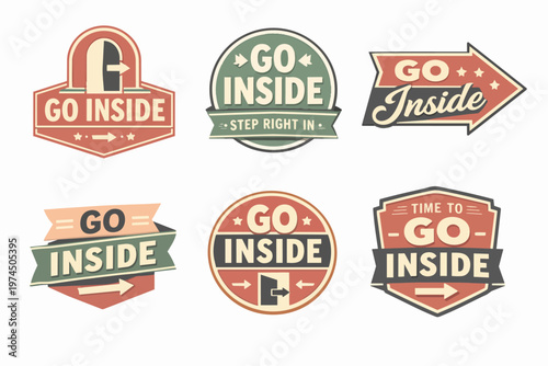 Collection of six retro go inside emblem designs with various shapes, fonts, and arrows, inviting entry