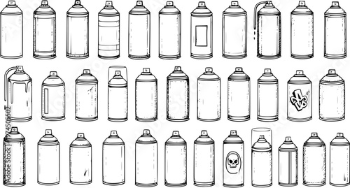 Black and White Line Art of Various Spray Paint Cans, Vector Illustration