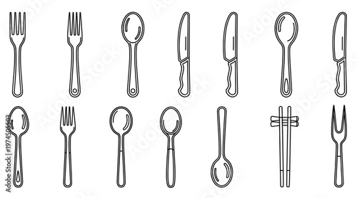 Various kitchen utensils including forks, spoons, knives, and chopsticks arranged in a neat layout, showcasing essential dining tools for culinary experiences and meal preparation