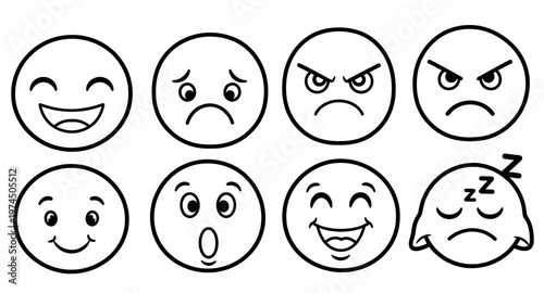 Collection of diverse emoticons showcasing various facial expressions including happiness, sadness, surprise, anger, and sleepiness, illustrating a range of human emotions in a simple design