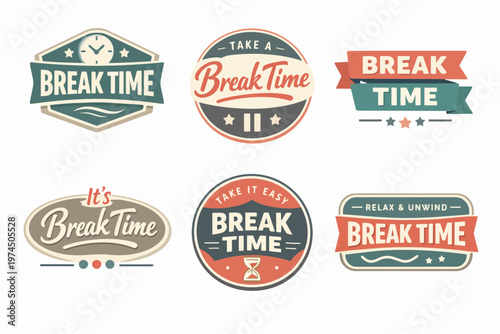 Collection of vintage break time badges, emblems, and labels for design elements promoting relaxation and rest