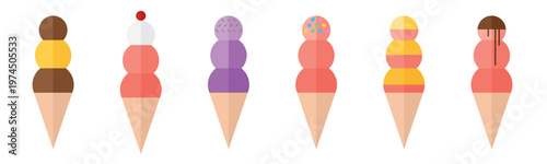 Set of ice cream cones with various flavors. Ice cream in mint. Cartoon vector illustration icons. Assortment of ice cream cones. Variety of flavors isolated on a white background, Vector Illustration