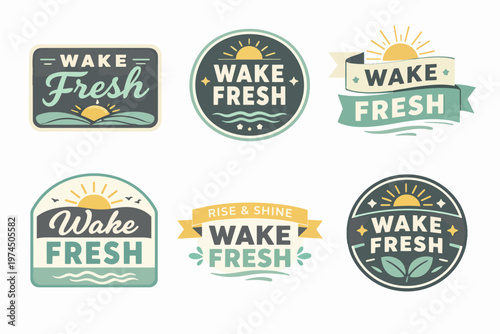 Branding set presenting various logo designs with sun, waves, and leaves, symbolizing morning freshness and natural wellness