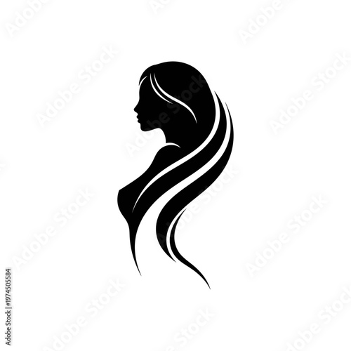 Black silhouette woman profile, long hair flowing, minimalist vector icon