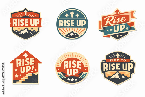 Rise up motivational labels set with arrows, mountains, and stars showing ambition, progress, and empowerment designs