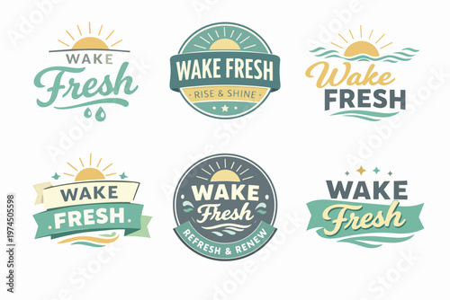 Wake fresh logo collection showing various sunrise, water drop, and wave designs for morning freshness branding
