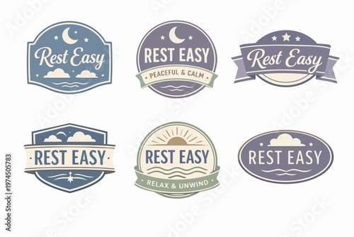 Collection of rest easy concept badges and labels for relaxation, sleep, wellness, and peace