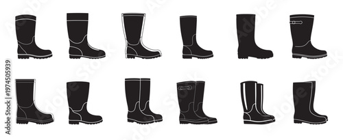 Black silhouettes of different styles of rubber boots on white background wellington boots rain boots. Pair of tall black rubber rain boots, also known as wellington boots, Vector Illustration.
