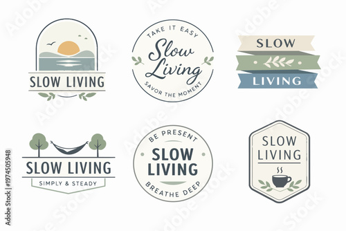 Slow living concept logos promoting mental well-being, healthy lifestyle, and mindful approach to daily life