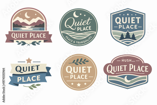 Quiet place destination badges featuring nature, mountains, lake, forest, moon, and stars for peace and tranquility concepts