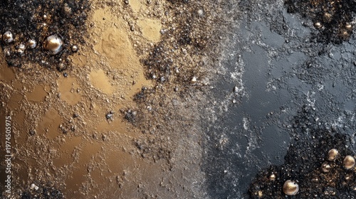 Golden and Dark Textured Ocean Floor Reflecting Shimmering Sunset Light With Visible Pebbles and Wetness