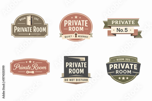 Private room signs collection showcasing vintage hotel door labels, decorative badges, and retro privacy notices