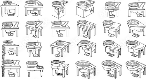 Pottery  Ceramics Craft Equipment: Black and White Line Art Set of Isometric Potters' Wheels. Outline Vector Drawing of Clay Art Machines.