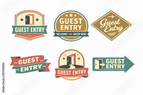Guest entry signs and badges collection, welcoming visitors, indicating access point or reception area