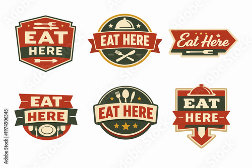 Vintage restaurant and diner badges set inviting customers to eat here, featuring retro food signs and labels