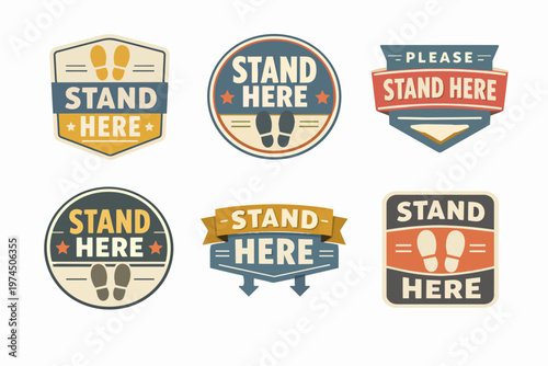 Social distancing stand here floor sticker signs collection. Maintaining safe space, keeping distance. Customer queue footprints