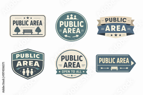Collection of public area signs in vintage style, indicating open access, community, and outdoor park spaces