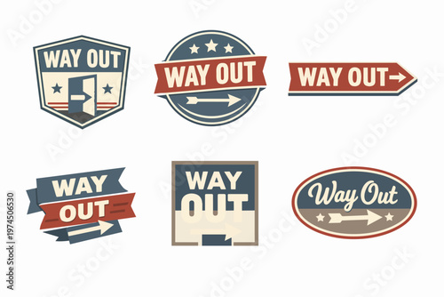 Way out direction signs collection in vintage retro style, guiding escape path with arrow symbols and text