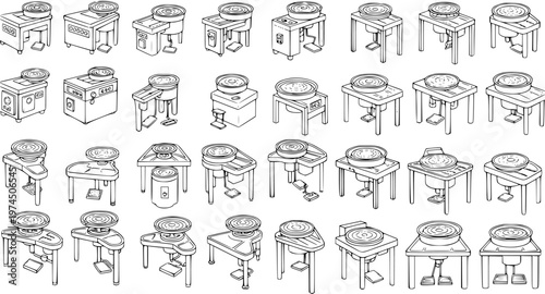 Black and White Line Art Collection of Pottery Wheels, Craft Equipment