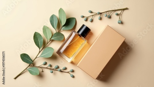 Natural skincare essential oil bottle with eucalyptus leaves on neutral background