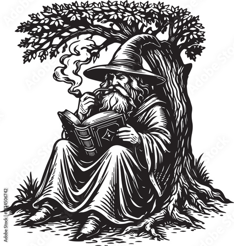 Wizard Reading Book Under Tree Vintage Engraving Vector Illustration