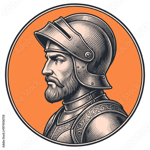 Vector engraving illustration of a medieval knight in armor and helmet. Profile portrait of a bearded warrior in a circular badge on an orange background.