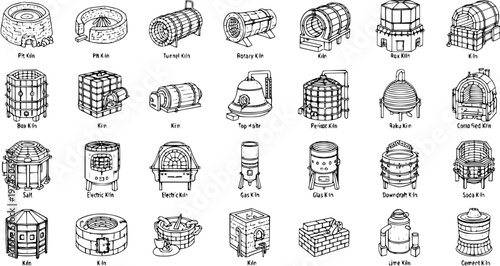 Industrial and Ceramic Kilns and Furnaces Black and White Line Art Vector Collection for Manufacturing and Pottery Production