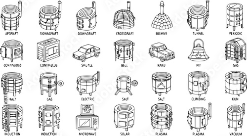 Hand-Drawn Line Art Kilns and Furnaces Vector Icons. Black and White Set of Ceramic Pottery and Industrial Firing Ovens Types.