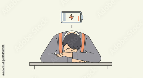Exhausted businessman with low battery symbol above head, slumped over desk, representing burnout and depleted energy levels, clean flat design with muted orange and grey palette.