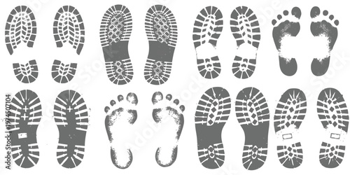 Collection of various shoe soles and human footprint stamps, isolated black silhouettes vector illustration set for design