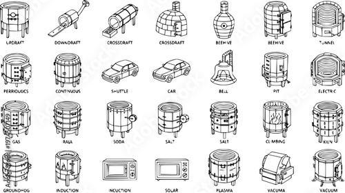 Industrial Kilns and Furnaces Types Line Art Icons Set for Manufacturing and Ceramics Production - Black and White Outline Illustrations