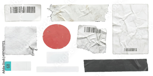 Set of realistic torn paper stickers, adhesive tape strips, and barcode labels for urban collage design vector illustration