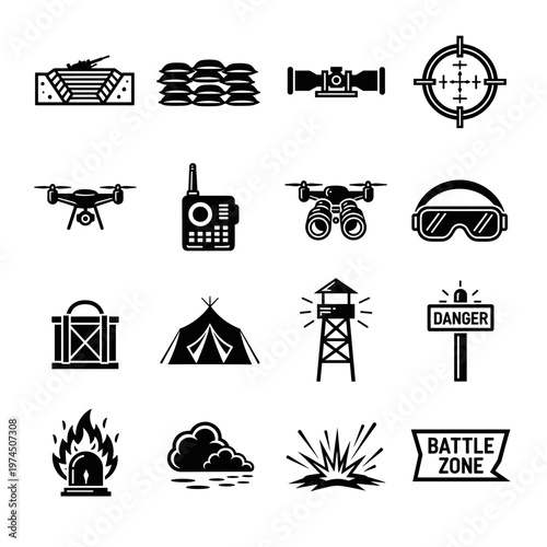 Military camp elements, surveillance drone, tactical gear, and defensive fortifications depicted with clean lines and bold black shapes, suitable for modern warfare or survival