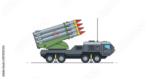 Military rocket launcher vehicle with multiple missiles prepared for deployment, featuring a targeting reticle, clean lines, and a muted grey, green, and red color palette for