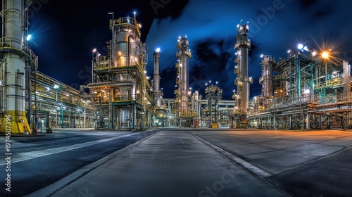Vast industrial power plant complex illuminated at night with dramatic lighting and smoke plumes against a dark sky