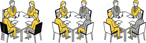 Business team meeting discussion around table collaborative office teamwork scenes modern minimal vector illustration set