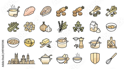 Waterzooi Soup Ingredients Icon Set in Linear Style. A collection of food Linear Icons, Including chicken, salmon, carrot, celery, herbs, Ghent skyline, pot, bowl, and more. Editable stroke.