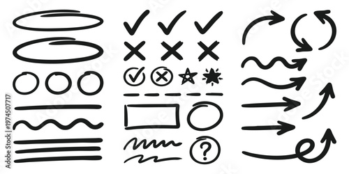 Hand drawn doodle set with arrows checkmarks circles and underlines vector illustration for design elements