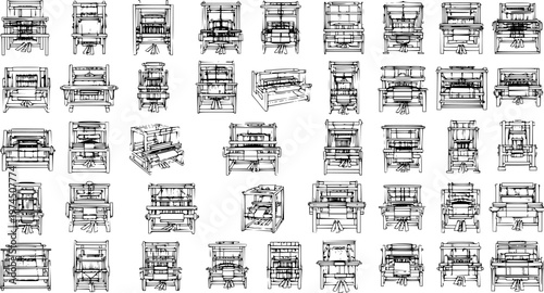 Vintage Textile Looms Collection - Hand Weaving Machines Line Art Set for Craft and Manufacturing Industry