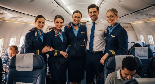 Smiling aircrew posing in airplane cabin, passengers visible
