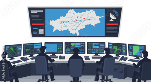 Team of operators monitors complex data on multiple screens displaying maps, radar, and vital statistics within a futuristic command center, emphasizing surveillance and strategic