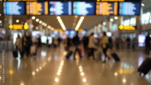 Blurred view of people walking with luggage in a busy airport terminal with departure boards.