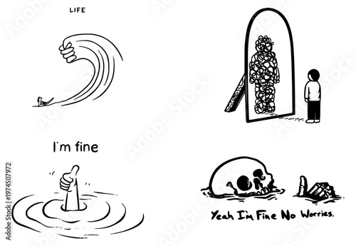 Minimalist black and white vector illustration showing satirical concepts of mental health struggles and life challenges through expressive doodle art