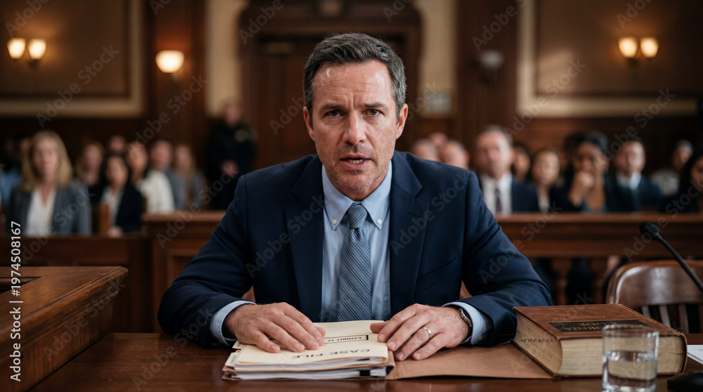 Fototapeta premium Serious male lawyer in a suit sitting at a desk in a dramatic courtroom setting.