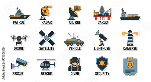Collection of marine and aerial surveillance icons featuring a patrol boat, radar dish, oil rig, cargo ship, drone, satellite, rugged vehicle, searchlight, lighthouse, security