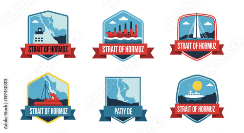 Collection of maritime emblems featuring cargo ships, sailboats, and industrial vessels navigating alongside geographical maps and coastal landscapes, rendered with clean lines